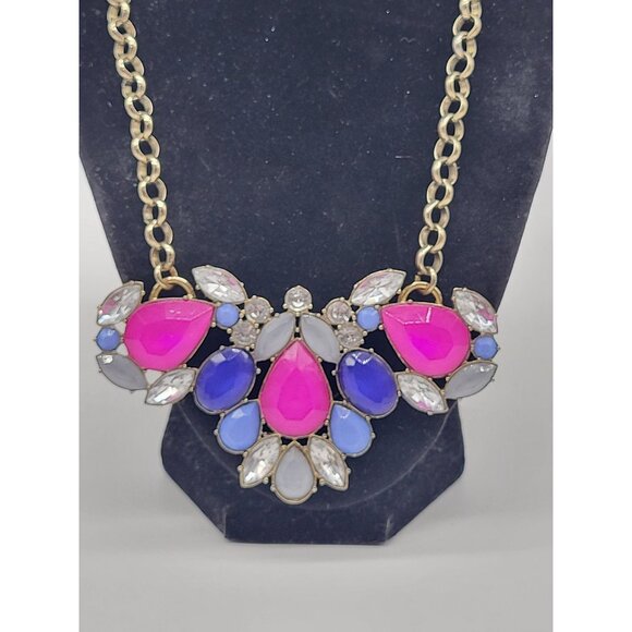 J. Crew Bold Colorful Chunky Statement Necklace Jewel Tones Blue Clear Fuchsia - Picture 2 of 12